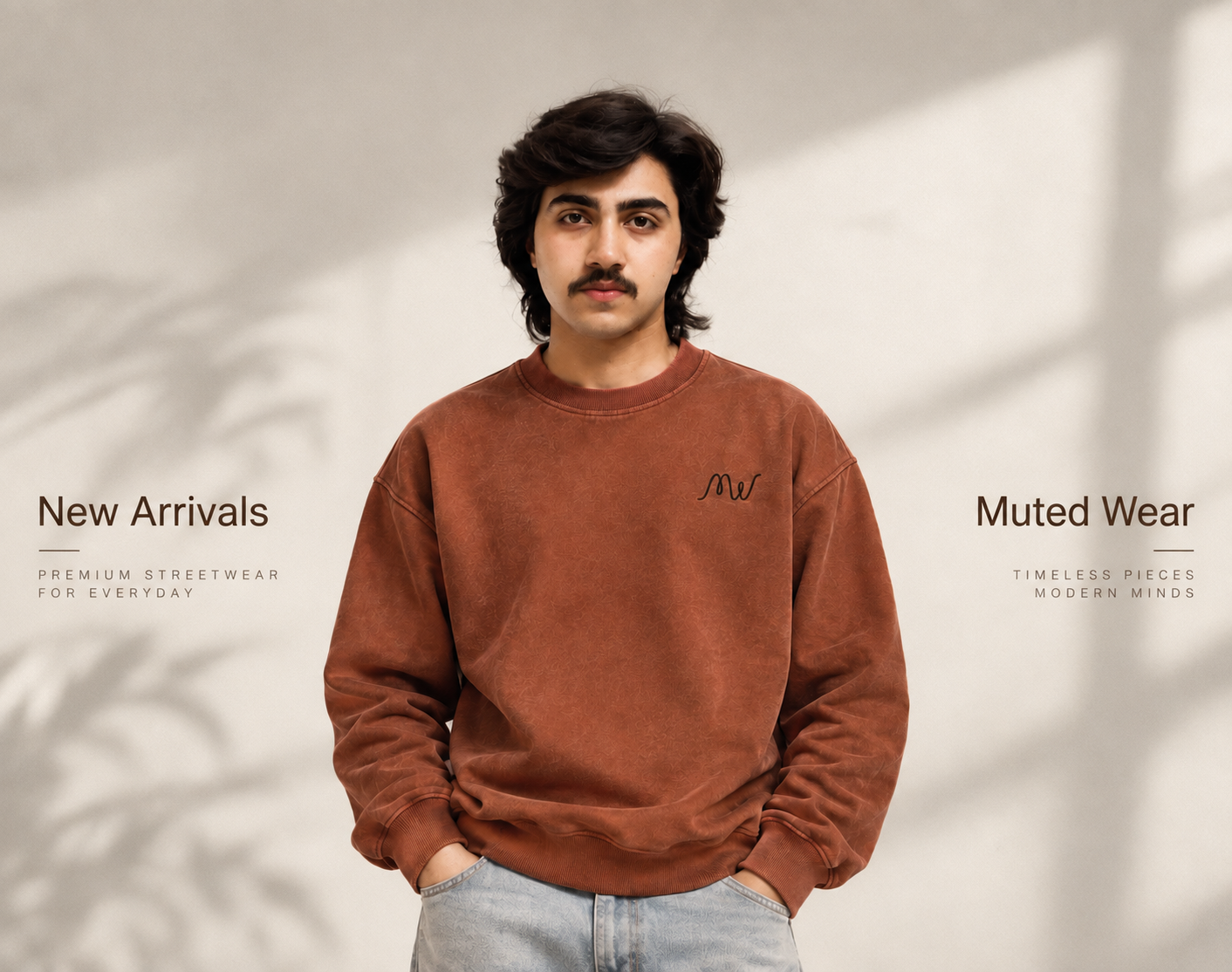 Muted Wear model wearing the rust crewneck, New Arrivals