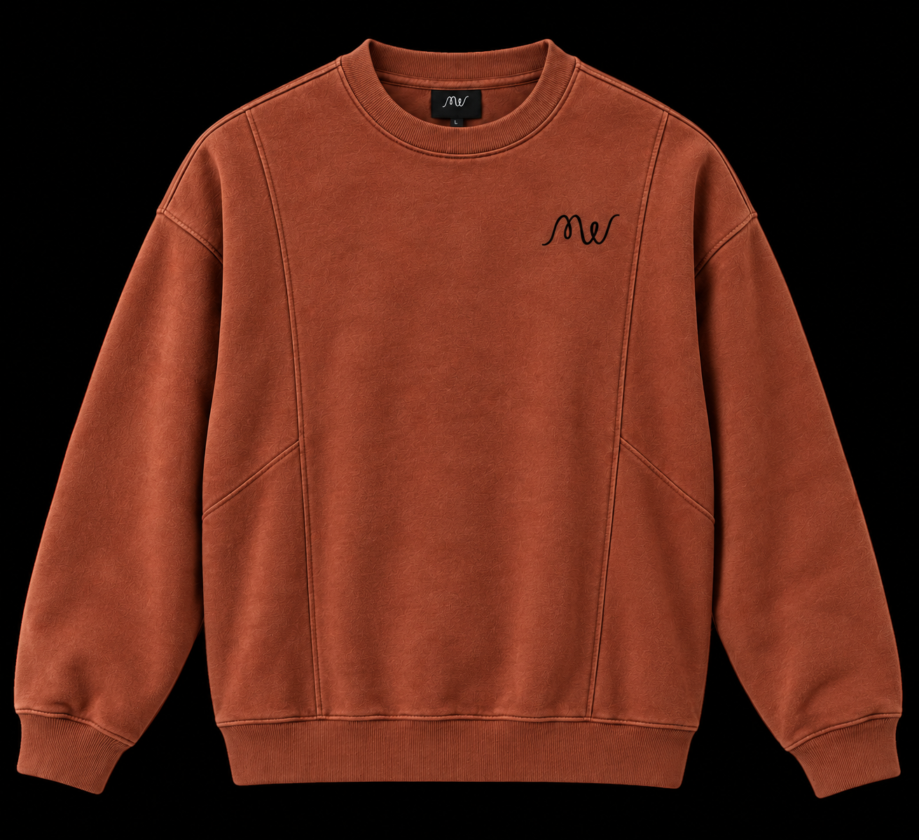 Rust Muted Wear crewneck with a small front logo, front view